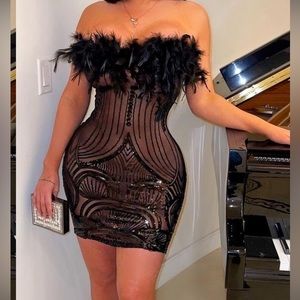 Feathered sequin mini dress